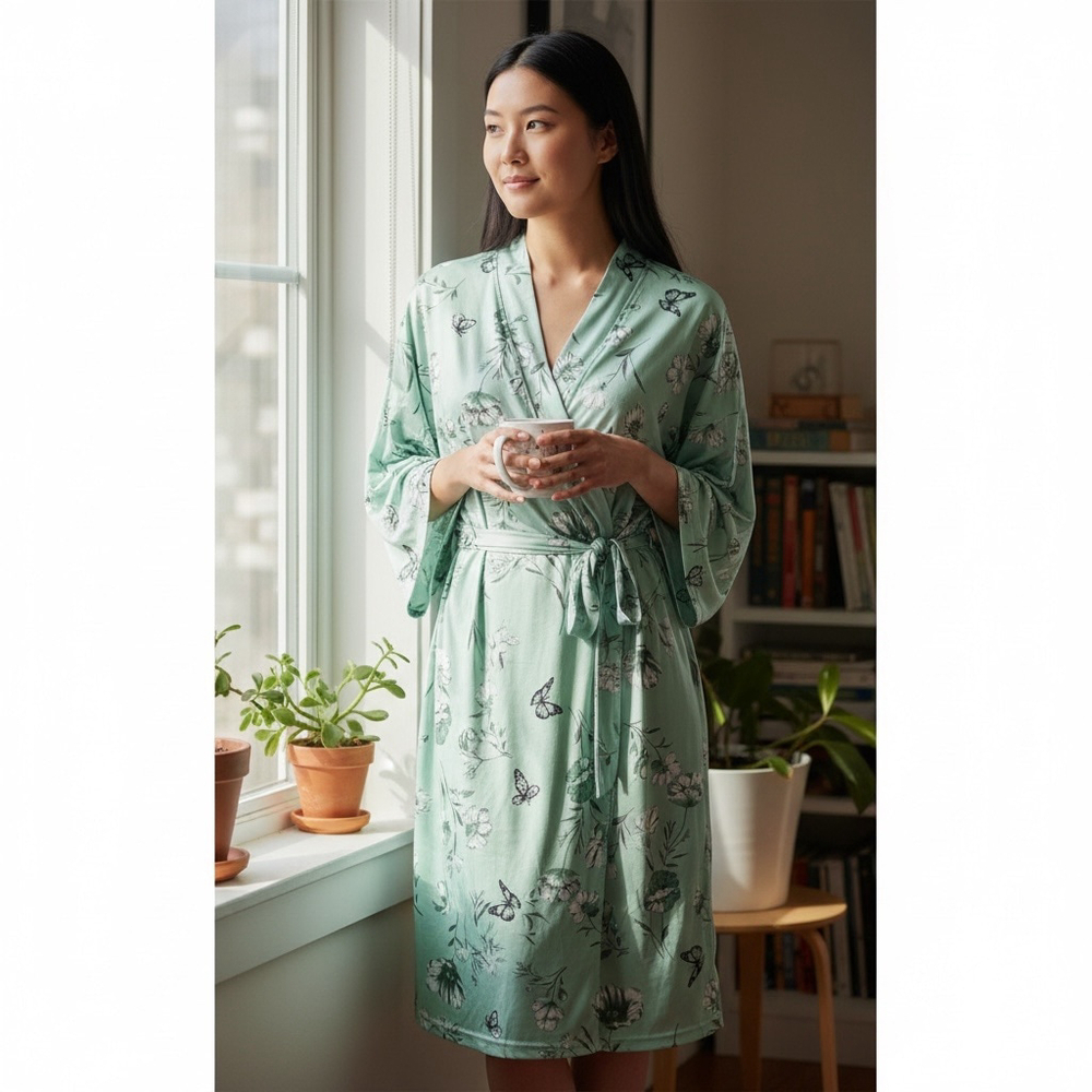 Size XL Women’s Light Green Floral Butterfly V-Neck Long Sleeve Tie Waist Robe - Picture 2 of 6
